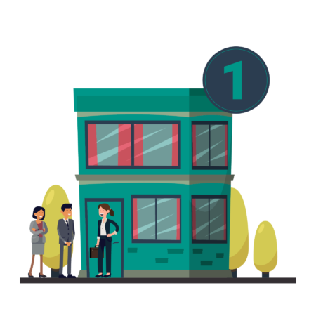 Illustration of a small office building with a few people standing outside