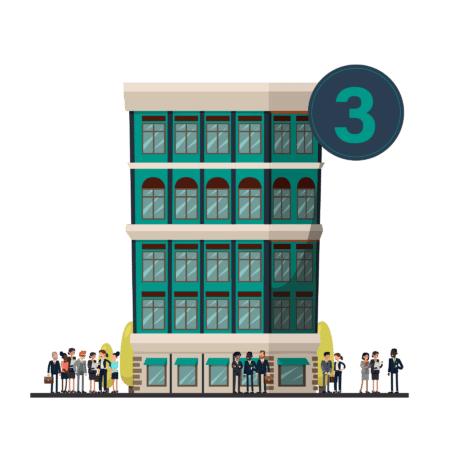 Illustration of a small skyscraper, with about 20 people standing outside in suits