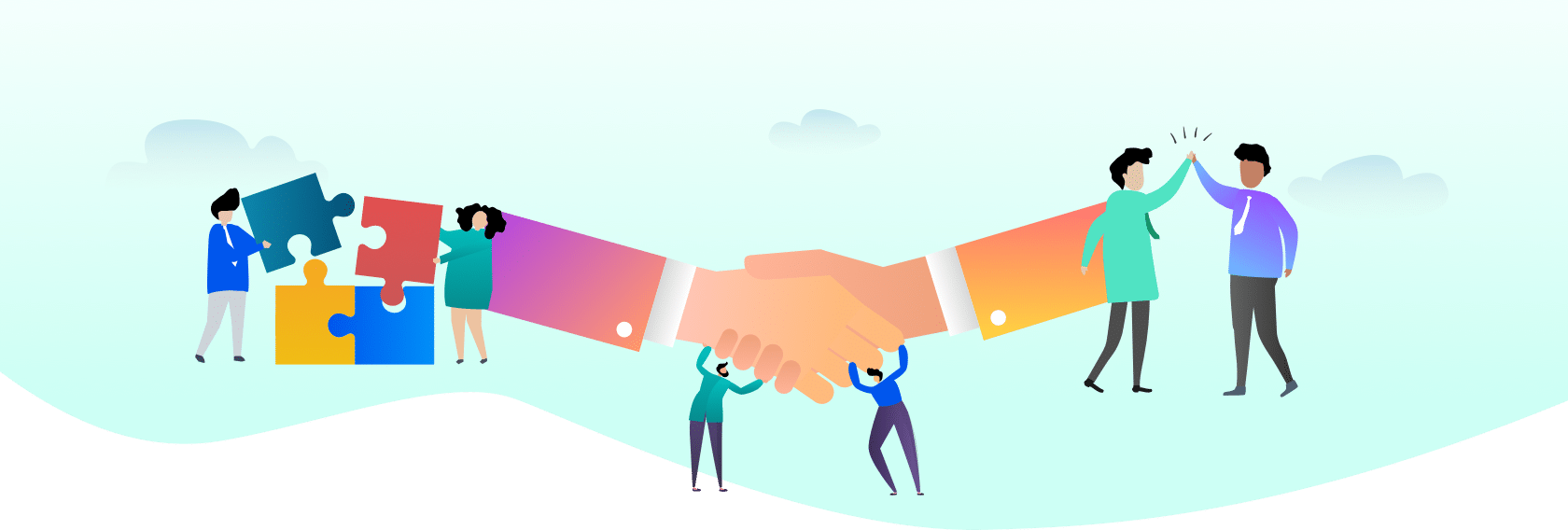 Illustration of two shaking hands, being held up by two individuals on each side