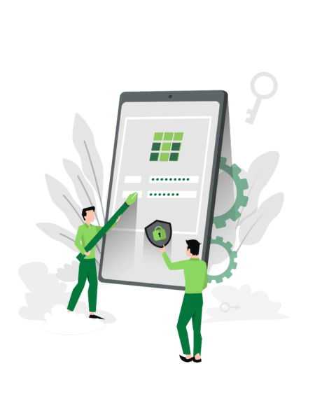 Illustration of two people interacting with a large smartphone, with TrackVia logo on screen