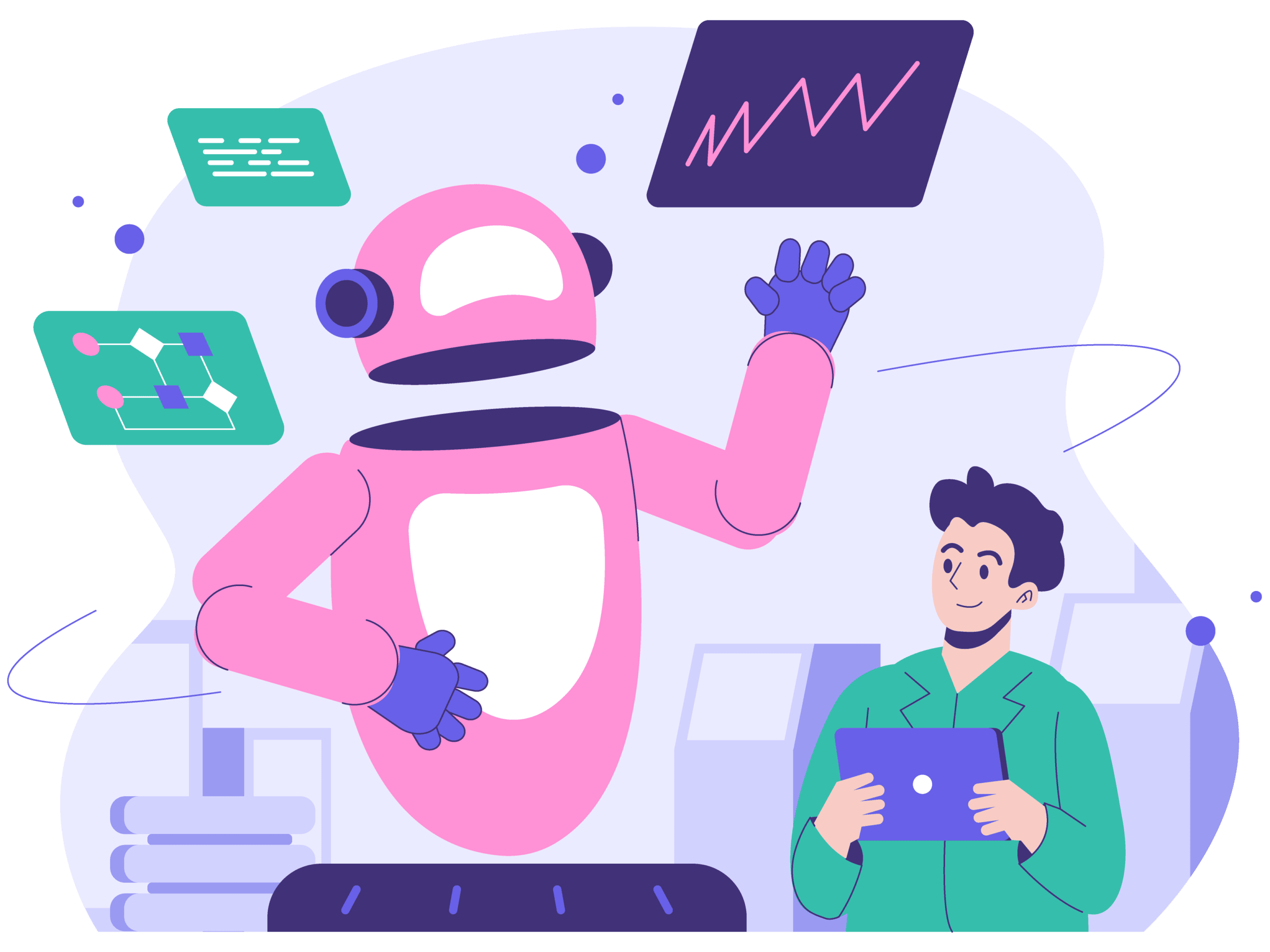 Flat illustration of a man interacting with a pink robot