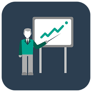 Illustrated icon of a businessman pointing at an upward graph