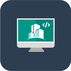 Illustrated icon of a computer monitor with skyscrapers